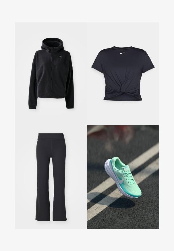 Black fleece jacket with a hood, zip front, and embroidered white Nike logo on the left chest. Features a cropped silhouette.; Black athletic t-shirt made of smooth fabric, featuring a knotted front design and a small white Nike logo on the chest.; Black flared pants made of stretchy fabric with a high waistband. Features clean lines and a smooth texture, suitable for casual wear.; Lightweight, mint green running shoe with mesh upper, padded collar, and white rubber sole. Nike logo on the side; laces visible.