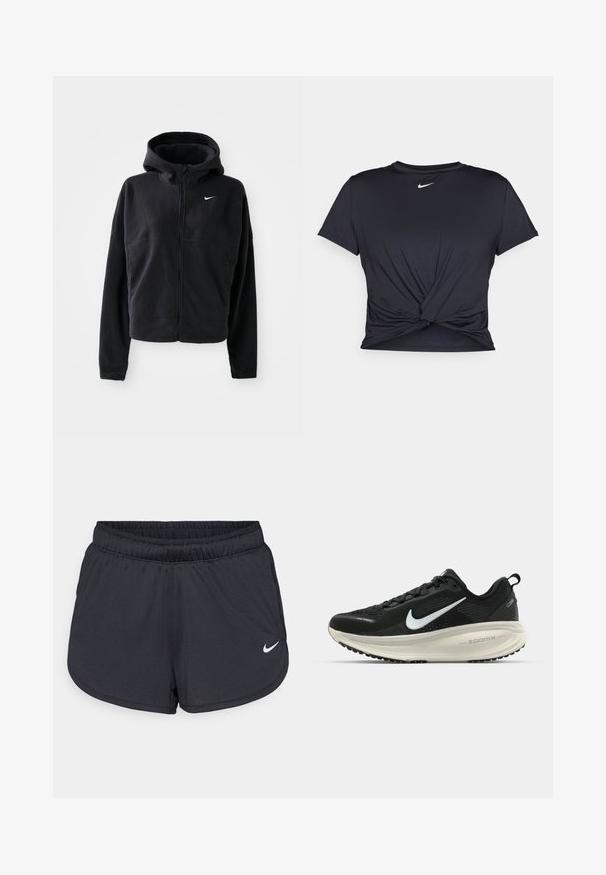 Juodas fliso džemperis su gobtuvu, užtrauktuku priekyje ir balta išsiuvinėta Nike logotipu kairėje krūtinės pusėje. Pasižymi trumpa siluetu.; Juodas sportinis marškinėlis, pagamintas iš lygios medžiagos, su surišta priekiu ir mažu baltu Nike logotipu ant krūtinės.; Juodos sportinės šortai, pagaminti iš lengvos, kvėpuojančios medžiagos. Turi elastingą juosmenį ir baltą Nike logotipą apatinėje dešinėje pusėje.; Juodas Nike sportinis batelis su kvėpuojančiu tinklu, baltu swoosh logotipu, tekstūruoto dizaino detalėmis ir grietinėlės spalvos ZoomX viduriu.