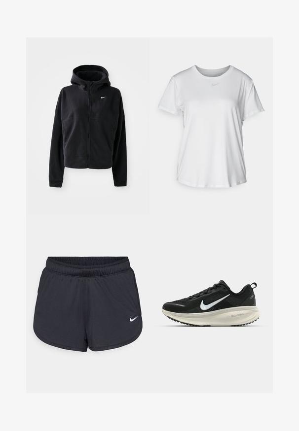 Melna vilnas jaka ar kapuci, ar rāvējslēdzēju priekšā un izšūtu baltu Nike logo kreisajā krūtī. Iezīmējas ar saīsinātu siluetu.; Balta īsām piedurknēm T-kreklā, kas izgatavota no gludas auduma, ar apaļo kakla izgriezumu un mazu pelēku Nike logo uz krūšu.; Melnas sporta šortus, kas izgatavoti no viegla, elpojoša auduma. Iezīmē elastīga josta un balts Nike logo labajā apakšējā stūrī.; Melnas Nike skriešanas kurpes ar elpojošu acs augšdaļu, baltu Swoosh logotipu, strukturētu apdari un krēmkrāsas ZoomX starpsole.
