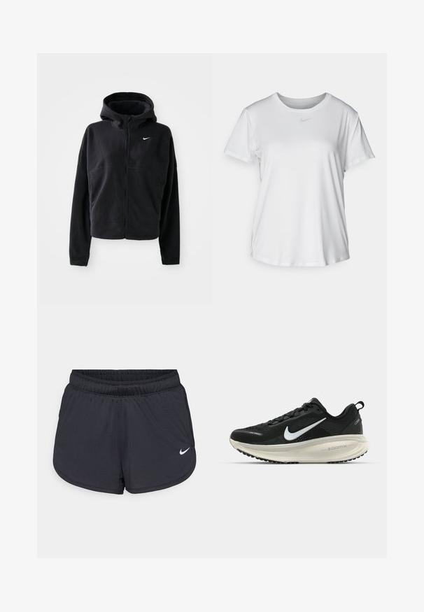 Schwarze Fleecejacke mit Kapuze, Reißverschluss vorne und gesticktem weißen Nike-Logo auf der linken Brust. Hat eine verkürzte Silhouette.; Weißes T-Shirt mit kurzen Ärmeln aus glattem Stoff, Rundhalsausschnitt und einem kleinen grauen Nike-Logo auf der Brust.; Schwarze Sportshorts mit elastischem Bund, sportlichem Design und weißem Nike-Logo vorne unten. Strukturierter Stoff.; Schwarzer Nike-Laufschuh mit atmungsaktivem Mesh-Obermaterial, weißem Swoosh-Logo, strukturierten Details und einer cremefarbenen ZoomX-Zwischensohle.