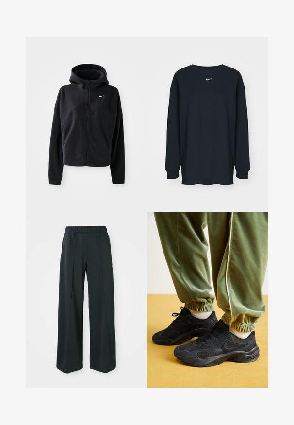 Black fleece jacket with a hood, zip front, and embroidered white Nike logo on the left chest. Features a cropped silhouette.; Black long-sleeve T-shirt made of cotton with a crew neckline. Features a white Nike logo on the chest. Soft texture, simple design.; Black, wide-leg athletic pants with an elastic waistband. Made from smooth, stretchy fabric, featuring subtle front seams and no pockets.; Black athletic sneakers with mesh and synthetic overlays, textured sole, paired with green, elastic-cuffed sweatpants, on yellow surface.