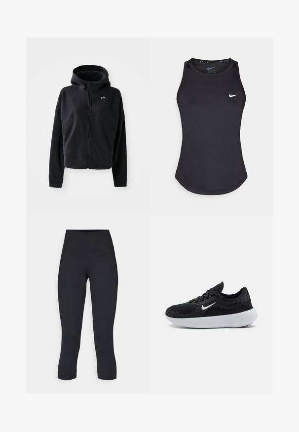 Schwarze Fleecejacke mit Kapuze, Reißverschluss vorne und gesticktem weißen Nike-Logo auf der linken Brust. Hat eine verkürzte Silhouette.; Schwarzes Sporttanktop aus feuchtigkeitsableitendem Material. Mit Rundhalsausschnitt, enger Passform und weißem Nike-Logo auf der Brust.; Schwarze, cropped Leggings aus dehnbarem Material, mit einem hohen Bund und glatter Textur, ohne sichtbare Muster oder Hardware.; Schwarzer Sportschuh mit einem Obermaterial aus Mesh, strukturiertem Design, runder Zehenpartie, weißer Gummisohle und einem Nike-Logo an der Seite.