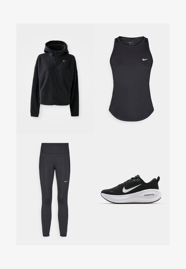 Black fleece jacket with a hood, zip front, and embroidered white Nike logo on the left chest. Features a cropped silhouette.; Black athletic tank top made from moisture-wicking material. Features a round neckline, slim fit, and white Nike logo on the chest.; Black leggings made of stretchy fabric, featuring a high waistband and a white Nike logo on the left thigh. Smooth texture, form-fitting design.; Nike Performance VOMERO PLUS - Road running shoes - black/white/cool grey/metallic dark grey/summit white