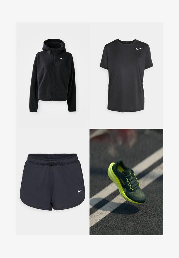 Black fleece jacket with a hood, zip front, and embroidered white Nike logo on the left chest. Features a cropped silhouette.; Black short-sleeve athletic t-shirt made of smooth, lightweight fabric, featuring a small white Nike logo on the upper left side.; Black athletic shorts made of lightweight, breathable fabric. Features an elastic waistband and white Nike logo on the lower right side.; Dark green and neon yellow Nike running shoe mid-air above asphalt with white lane markings, kicking up small dirt particles.