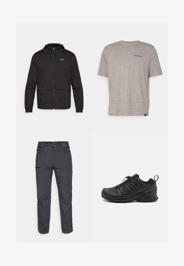 Schwarze Kapuzenjacke mit einem Reißverschluss vorne, elastischen Bündchen, zwei vorderen Taschen und einem kleinen Logo auf der Brust. Hergestellt aus leichtem Stoff.; Graues T-Shirt mit kurzen Ärmeln, aus weichem, strukturiertem Stoff, mit einem kleinen blauen Patagonia-Logo auf der linken Brust. Keine zusätzlichen Muster.; Dunkelgraue Hose aus strapazierfähigem Material, mit einer Reißverschlusstasche, geradem Schnitt und Gürtelschlaufen für eine verstellbare Passform.; Schwarzer Sportschuh mit einer strukturierten, synthetischen Oberseite, gepolsterten Sohle und einem schnellen Schnürsystem. Verfügt über eine verstärkte Zehen- und Fersenkappe.