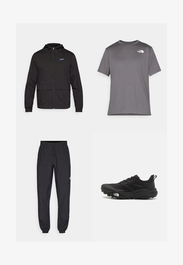 Veste à capuche noire avec fermeture éclair sur le devant, poignets élastiques, deux poches avant et un petit logo sur la poitrine. Fabriquée en tissu léger.; T-shirt de sport gris à manches courtes en tissu lisse et léger. Présente un logo blanc sur la zone gauche de la poitrine. Col rond.; Pantalon de sport noir en tissu léger, avec une taille à cordon, des poches latérales et des chevilles resserrées.; Chaussure de trail running noire avec une tige texturée, semelle en caoutchouc et bout renforcé. Présente un col rembourré et une tirette pour un enfilage facile.
