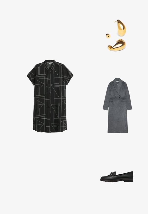 Grå ullblandad kappa med dubbelknäppning, slagkrage och två framfickor. Har svarta knappar och raka ärmar.; Svart skjortklänning med korta ärmar och knäppning fram. Har ett geometriskt mönster i vitt och en krage. Lättviktsmaterial.; Svarta läderloafers med en flätad accent framtill, platt gummisula och sydda detaljer längs kanten.; Singularu DROP - Örhänge - gold-coloured
