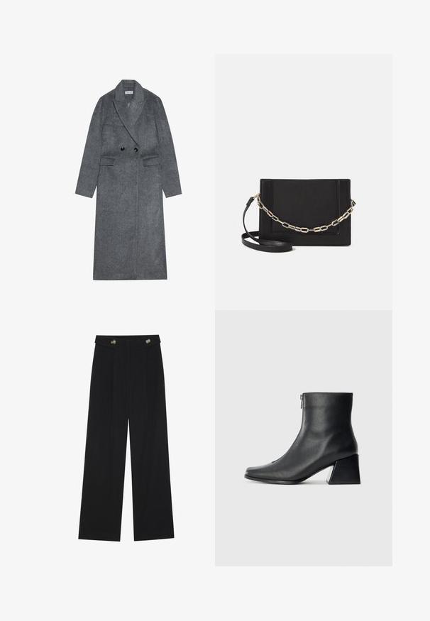 Sivi vuneni kaput od mješavine vune s dvostrukim kopčanjem sprijeda, odrezanom reverom i dva prednja džepa. Ima crne gumbe i ravne rukave.; Dva crna majice dugih rukava s V-izrezom, izrađene od mekanog, rastezljivog materijala, s glatkom teksturom i prilagođenim oblikom.; Crne hlače širokih nogavica s visokim strukom, s dugmadi na pojasu i prednjim nabora.; Crne kožne gležnjače sa četvrtastim vrhom, bočnim patentnim zatvaračem i blok petom na jednostavnoj svijetloj pozadini.; Crna kožna torba preko tijela s glatkom teksturom, pravokutnim oblikom i metalnim lancem na prednjoj strani. Uključena je podesiva naramenica.