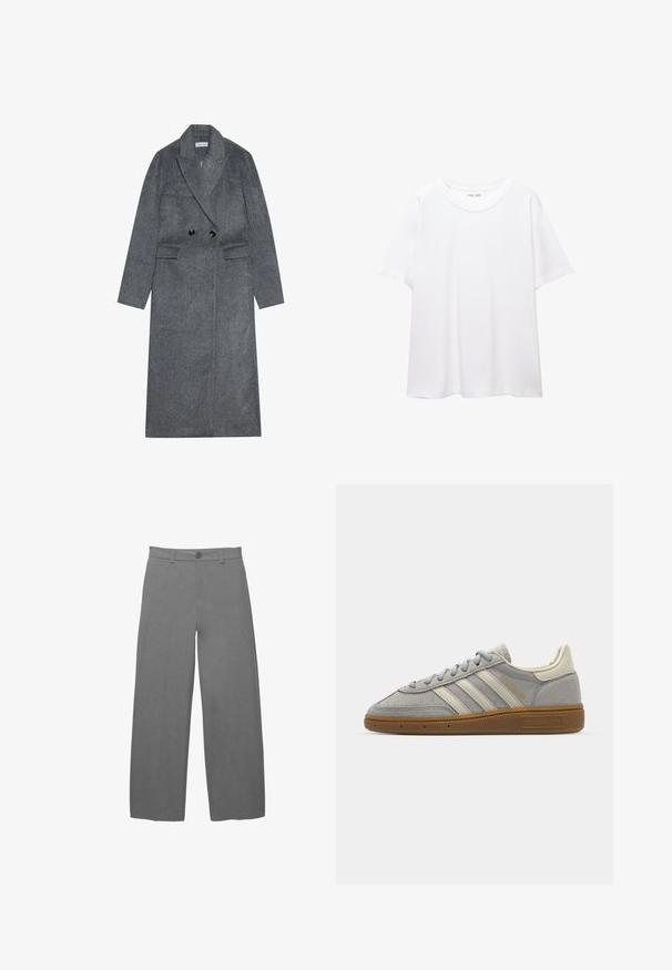 Cappotto lungo in misto lana grigio con doppio petto, revers talonati e due tasche frontali. Presenta bottoni neri e maniche dritte.; T-shirt bianco semplice realizzato in cotone, con scollatura rotonda, maniche corte e vestibilità morbida. Texture liscia senza motivi o accenti.; Pantaloni a gamba larga grigio chiaro con tessuto liscio e strutturato, caratterizzati da una chiusura frontale con bottoni e passanti per cintura in vita.; Sneakers in suede grigio con strisce in pelle grigia chiara e suola in gomma color gomma. Le caratteristiche includono chiusura con lacci e branding sottile sulla linguetta.