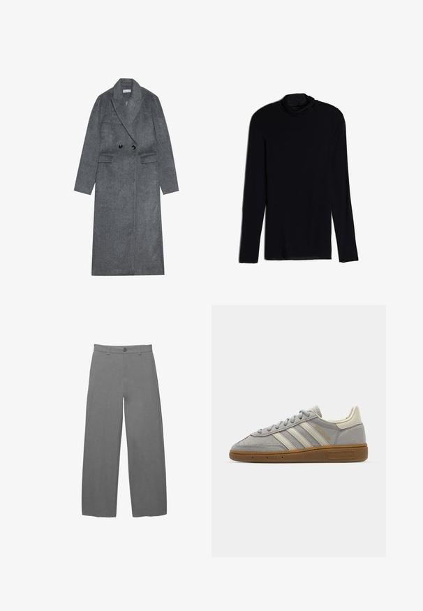 Grå uldblanding overjakke med dobbeltbrystet front, spidse lapels og to forlommer. Har sorte knapper og lige ærmer.; Sort langærmet top med en cowl-hals, lavet af et blødt, glat stof; tætsiddende design med lige kant og uden synlige sømme.; Lysegrå bukser med vide ben i en glat, tekstureret stof, med knaplukning foran og bæltestropper i taljen.; Grå suedet sko med lysegrå læderstriber og en gummigummisole. Funktioner inkluderer snørebåndslukning og subtil branding på tungen.