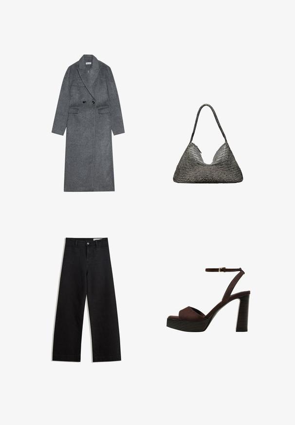 Grå uldblanding overjakke med dobbeltbrystet front, spidse lapels og to forlommer. Har sorte knapper og lige ærmer.; Sort kortærmet top med rund halsudskæring og kontrastfarvet hvid syning langs skuldre og sider. Blødt, glat stof.; Sorte wide-leg denim bukser med høj talje, der har front- og baglommer, syede sømme og en knaplukning. Glat tekstur.; Brune ruskinds højhælede sandal med åben tå, justerbar ankelrem og en stribet plade sål.; Grå vævet håndtaske med en triangulær form, der har en enkelt strop og en tekstureret overflade, lynlås-lukning og et jævnt mønster gennem hele.