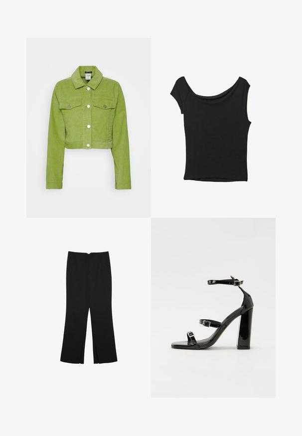 Cropped corduroy jacket in bright green, featuring a collared neckline, two front pockets, and silver button fastenings. Smooth texture.; Black short-sleeve top made of smooth fabric; features a draped neckline and an asymmetrical hemline, with a fitted body.; Black trousers with a straight fit, featuring front pockets and side slits at the hem. Made of soft, smooth fabric. Suitable for various occasions.; Black patent high-heeled sandals with two buckle straps, square toe, and a chunky block heel, featuring a smooth, glossy texture.