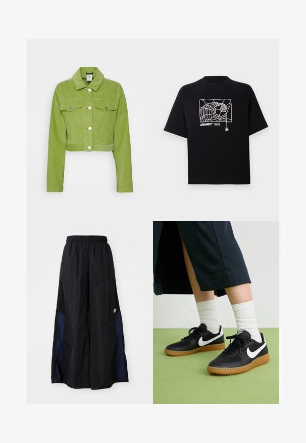 Chaqueta de pana verde brillante, cortada, con cuello tipo solapa, dos bolsillos frontales y cierres de botón plateado. Textura suave.; Camiseta negra de algodón con mangas cortas. Presenta un gráfico de telaraña blanca y un logo en la parte frontal. Cuello redondeado simple.; Pantalones de pierna ancha negros, confeccionados en una tela ligera, con un panel lateral azul marino y una cinturilla elástica. Logotipo blanco pequeño en la parte inferior.; Zapatillas de cuero negro y sintético con el swoosh blanco de Nike, suela de goma, punta redonda y cordones negros. Calcetines blancos acanalados visibles.