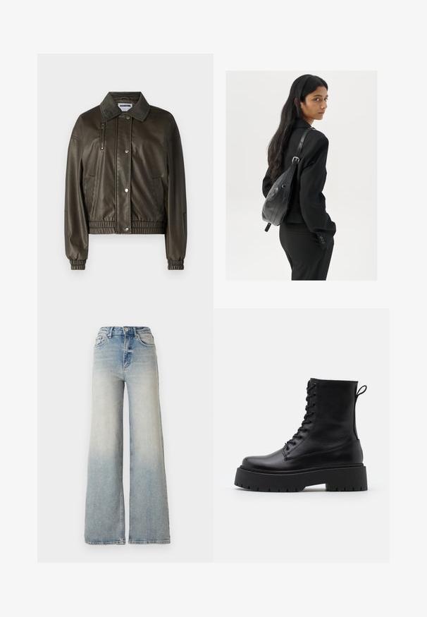 Zelená koženka s knoflíkovou přední částí, límečkem, bočními a zipovými kapsami a elastickými manžetami a spodním lemem.; Vero Moda VMNEWCREAM FUNNELNECK PULLOVER - Svetr - black/birch; Světle modré široké džínsy vyrobené z denimu, s vysokým pasem, pěti kapsami a viditelným švem podél švů.; Černé kožené kotníkové boty s kulatou špičkou, šněrováním na přední straně a silnou gumovou podešví s texturovaným vzorkem. S poutkem vzadu.; Žena s dlouhými tmavými vlasy, oblečená v černém obleku, nese černou koženou kabelku přes rameno a dívá se přes rameno na bílém pozadí.
