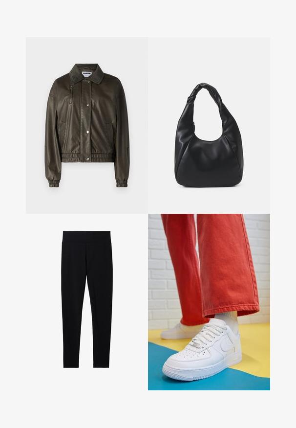 Chaqueta de piel sintética verde con un cierre frontal de botones, cuello tipo solapa, bolsillos laterales y con cremallera, y puños y dobladillo elásticos.; Dos camisetas de manga larga de cuello alto, una blanca y otra negra, hechas de una tela suave y elástica, ambas con un diseño ajustado y cuellos altos.; Mallas negras elásticas con una cinturilla ancha y suave, que cuentan con una textura lisa y un corte entallado, adecuadas para diversas actividades.; Zapatilla de cuero blanco con caja de dedos perforada, suela texturizada y cordones blancos, combinada con pantalones rojos amplios y un fondo azul y amarillo.; Bolso hobo negro hecho de un material suave similar al cuero, con un asa retorcida, que presenta una forma suave y redondeada y un cierre superior de cremallera.; Aretes de aro de oro con un acabado suave y brillante. Diseño circular que presenta un pequeño post y un respaldo transparente para un uso seguro.