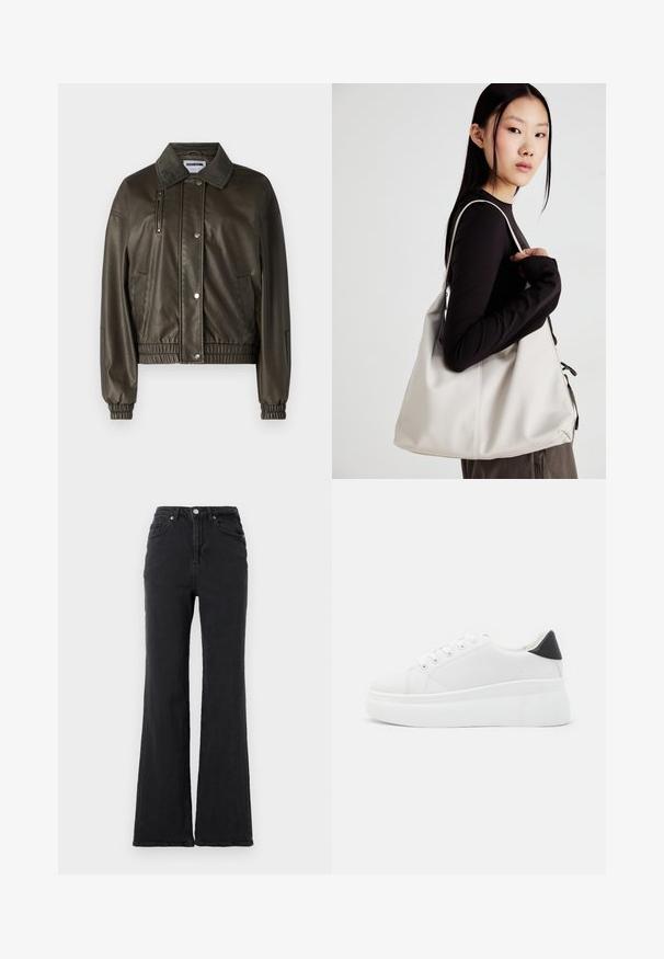 Roheline kunstnahast jakk, millel on nööbiga eesmine sulgemine, kraega kaelus, küljetaskud ja lukuga taskud ning elastsed mansetid ja alläär.; Musthave lühikeste käistega must T-särk, ümar kaelus, valmistatud siledast puuvillast kangast; lõdva lõikega, minimaalne disain, ilma nähtavate mustrite või aktsentideta.; Mustad kõrge vöökohaga denim teksad, millel on laienev jalg, esi nupp ja viie tasku disain, neutraalse valge tausta ees.; Valged platvormsneakerid, mis on valmistatud siledast sünteetilisest materjalist, ovaalse toe, paelkinnise disaini ja tekstuurse kummitaldiga. Must kontsrihm.; Bež käekott pehme materjali, millel on lõtv disain, õmblustega detailid ja kaks õlarihma. Sobib igapäevaseks kasutamiseks.