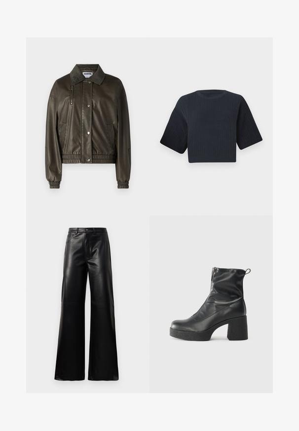Grüne Kunstlederjacke mit Knopfleiste, kragenlosem Ausschnitt, seitlichen und Reißverschlusstaschen sowie elastischen Bündchen und Saum.; Dunkelblaue cropped Strickjacke mit gerippter Textur, kurzen weiten Ärmeln und rundem Halsausschnitt. Schlichtes Design, keine sichtbaren Muster oder Akzente.; Schwarze leichte, weit geschnittene, hochtaillierte Kunstlederhose mit vorderem Knopf, Reißverschluss, Gürtelschlaufen und Seitentaschen auf weißem Hintergrund.; Schwarze Stiefeletten aus glattem Leder mit seitlichem Reißverschluss, klobigem strukturiertem Absatz und runder Zehenform.