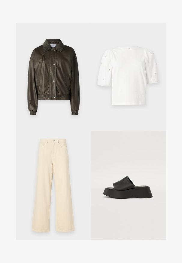 Zöld műbőr dzseki gombos elejével, galléros nyakkivágással, oldalsó és cipzáras zsebekkel, valamint rugalmas mandzsettákkal és aljjal.; Fehér pamut póló rövid puffos ujjakkal, a ujjain kicsi ezüst díszítések találhatók. Klasszikus kerek nyakú, laza fazonú.; Bézs, széles lábú farmernadrág, pamutból készült. Gombos záródással, övhurkokkal és elülső zsebekkel rendelkezik, sima, puha tapintással.; Fekete platform szandál széles pánttal és vastag talppal. Simább anyagból készült, matt felülettel, látható hardver nélkül.