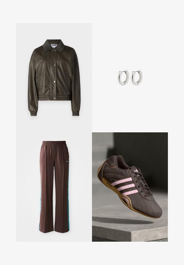 Groene neplederen jas met een knoopsluiting aan de voorkant, een kraag, zij- en ritszakken, en elastische manchetten en zoom.; Set van drie korte mouwen t-shirts in zwart, grijs en wit. Gemaakt van katoen, met een ronde hals en een eenvoudig, effen kleurontwerp.; Bruine sportbroek met een ribbelstructuur, elastische tailleband en turquoise zijstrepen. Voorzien van het adidas-logo aan de voorkant.; Bruine suède sport schoen met roze strepen en logo, voorzien van een gestructureerde bovenkant, vetersluiting en een gumrubberen zool.; Zilveren creolen met een gepolijste afwerking, uitgerust met een cirkelontwerp en naadloze scharnieren, die een gladde textuur tentoonstellen.