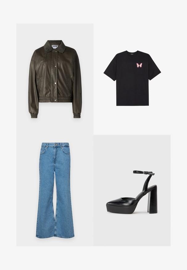 Zelena jakna iz umetnega usnja z gumbom na sprednji strani, ovratnikom, stranskimi in zadrgo zaprtimi žepi ter elastičnimi manšeti in robom.; Črna bombažna majica s kratkimi rokavi, ki ima majhen roza metuljček na levi strani prsnega dela. Majica s krožnim ovratnikom in sproščenim krojem.; Svetlo modri razširjeni džins hlače iz denima, z visokim pasom, petimi žepi in enim gumbom za zapiranje. Mehka tekstura z blagim zbledelim videzom.; Črne platforme z visokimi petami in koničastim nosom ter nastavljivim gležnjenjskim trakom. Narejene iz gladke usnje, s kockasto peto.