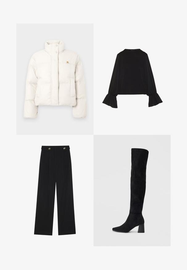 Casaco puffer branco corto com gola alta, fecho de botão de pressão, bolsos laterais e uma pequena aba decorativa no peito.; Top preto de mangas longas com punhos largos, textura suave e um corte descontraído, com um simples decote redondo.; Calças largas pretas com cintura alta, detalhes em botão na cintura e pregas frontais.; Bota de camurça preta até ao joelho com salto bloco, bico fino e design suave e sem costuras sobre um fundo claro.