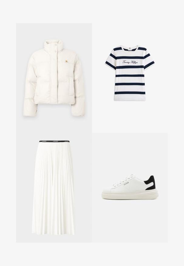 Balta sutrumpinta pūkinė striukė su aukštu apykaklė, snapelių uždarymu, šoninėmis kišenėmis ir maža dekoratyvine etiketėle ant krūtinės.; Baltos medvilninės marškinėliai su horizontaliomis tamsiai mėlynomis juostelėmis. Ant krūtinės išsiuvinėtas „Tommy Hilfiger“ rašmuo. Apvalus iškirpimas.; Pleated balta sijonas su juodu elastiniu juosmeniu, ant kurio yra "LACOSTE" logotipas. Vidutinio ilgio dizainas su švelnia tekstūra.; Baltos odinės sportbačiai su storu baltu padu, juodu nubuko kulno akcentu ir iškilmingu logotipu šone. Su raišteliais, turinčiais šešis akinius.