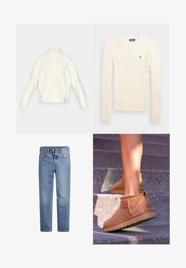 Witte fleecejas met een hoge kraag, een volledige ritssluiting en twee zijzakken. Voorzien van een licht logo op de borst en elastische manchetten.; Crème kabelbreiselsweater met lange mouwen, geribbelde manchetten en zoom, met een klein geborduurd logo op de linkerkant van de borst.; Lichtblauwe spijkerbroek met een rechte snit, vijf zakken en een knoopsluiting. Heeft subtiele vervaging en oranje stikselaccenten.; Tamme suède enkelboots met een zachte textuur, gestikte details en een rubberen zool, met een lusvormige hak voor gemakkelijk aan- en uittrekken.