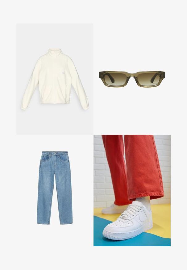 Bijela flis jakna s visokim ovratnikom, punim patentnim zatvaračem i dva bočna džepa. Na prsima se nalazi svijetli logo, a rukavi imaju elastične manžete.; Bijela majica kratkih rukava s okruglim izrezom, opuštenog kroja, izrađena od mekanog pamučnog materijala. Glatka tekstura, bez uzoraka ili logotipa.; Svijetloplave traperice ravnog kroja, visokog struka, s dva prednja džepa i klasičnim kopčanjem na gumb. Suptilno izbljedjele i bez ukrasa.; Bijele kožne tenisice s perforiranim prednjim dijelom, teksturiranim đonom i bijelim vezicama, u kombinaciji s širokim crvenim hlačama i plavo-žutom pozadinom.; Smeđi gradienti sunčane naočale s pravokutnim oblikom, debelim okvirima i crnim ručkama. Transparentni smeđi materijal dodaje dimenziju.