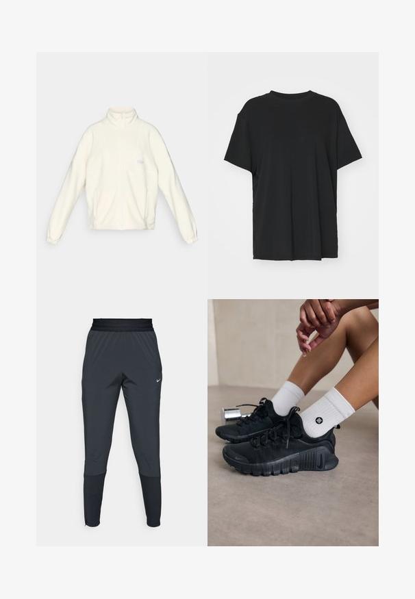 Vit fleecejacka med hög krage, dragkedja hela vägen och två sidofickor. Har en ljus logotyp på bröstet och elastiska muddar.; Svart kortärmad t-shirt i slätt tyg, med rund hals och lös passform. Har sidslitsar för ökad komfort och andningsförmåga.; Nike träningbyxor i mörkgrått, med en tapered ben-design, elastisk midja och accentdetaljer nära muddarna.; Svarta sportskor med texturerat tyg, snörning och en framträdande sula, tillsammans med vita ribbade strumpor med en liten logotyp.