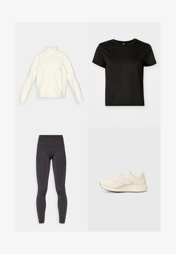 White fleece jacket with a high collar, full zipper, and two side pockets. Features a light logo on the chest and elastic cuffs.; Black short-sleeve t-shirt made of smooth fabric, featuring a round neckline and a relaxed fit. Includes minimal design details.; ONLY Play ONPSCULP SEAM - Leggings - black; Light beige running shoe with a textured mesh upper, pink accent line, cushioned sole, and reflective silver logo detail on the side.