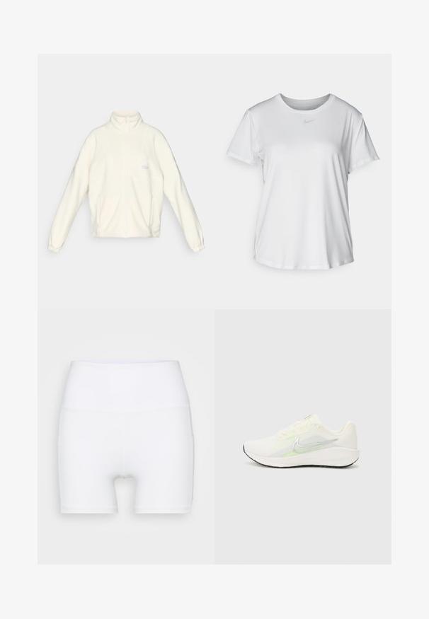 White fleece jacket with a high collar, full zipper, and two side pockets. Features a light logo on the chest and elastic cuffs.; White short-sleeve T-shirt made of smooth fabric, featuring a round neckline and a small grey Nike logo on the chest.; White high-waisted shorts made from stretch fabric. Features a smooth texture and fitted design, with no additional patterns or hardware.; Nike Performance DOWNSHIFTER 13 - Road running shoes - sail/silver-coloured photon dust/summit white/barely volt/black