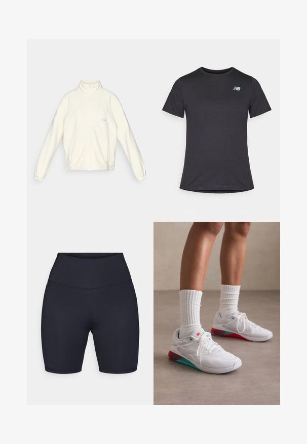 Fehér polárdzseki magas gallérral, teljes cipzárral és két oldalzsebbel. A mellrészen világos logóval és rugalmas mandzsettákkal rendelkezik.; Fekete, rövid ujjú póló puha anyagból, a bal felső mellrészen egy kis szürke New Balance logóval, klasszikus kerek nyakú fazonnal.; Felső derekú fekete sort, rugalmas anyagból készült, sima tapintással és varrott varratokkal. Térd közepéig érő hosszúság, minta vagy díszítés nélkül.; Fehér sportcipők textúrált felsőrészsel, türkiz kiegészítőkkel és piros sarokkal. Bordás fehér zoknival viselve. Fűzők és márkázás jellemzi.