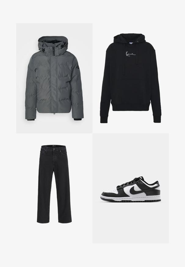 Replay Ziemas jaka - iron grey; Melnā kapuce, kas izgatavota no mīkstas auduma, ar priekšējo kabatu, auklām un balto logotipa izšuvumu uz krūtīm. Klasisks piegriezums un ribota aproce.; Melna klasisko taisno kāju džinsu bikses ar pogu un rāvējslēdzēju, jostas cilpas, kā arī priekšējām un aizmugurējām kabatām.; Melnas un baltas Nike Dunk kedas ar ādas virsu, perforētu pirkstu daļu, melnām šņorēm un melnu gumijas zoli ar protektora dizainu.