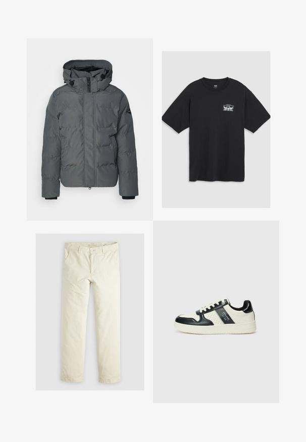 Replay Zimná bunda - iron grey; Čierne bavlnené tričko s krátkymi rukávmi, okrúhlym výstrihom a malým bielym grafickým potlačou na hrudi, ktorá zobrazuje stylizovaný dizajn.; Svetlo béžové voľné nohavice s troma vreckami, pútky na opasok a rovnými nohavicami. Vyrobené z mäkkej bavlnenej zmesi.; Kožené tenisky v čierno-krémovej farbe, s perforovanými akcentmi, polstrovaným golierom a štruktúrovanou podrážkou.
