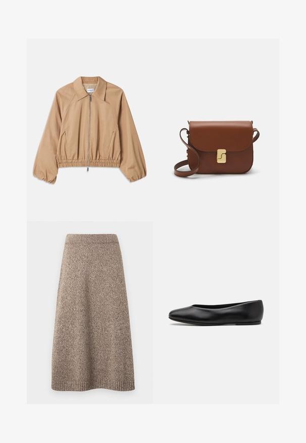 Casaco leve beige com gola, fecho éclair, barra elástica e punhos franzidos. Tecido suave com um design minimalista.; Sweater cropped de cor bege claro com gola alta com fecho, apresentando um padrão texturizado e mangas e bainha caneladas. Combina materiais tricotados e tecidos.; Saia de malha numa tonalidade castanha quente com um padrão texturizado, cintura ajustada e silhueta evasê, apresentando detalhes canelados na barra.; Paul Smith TOPANGA - Sabrinas - black; Bolsa de couro castanho com fecho de aba, decoração em tom dourado, alça de ombro e textura suave. Formato retangular compacto.