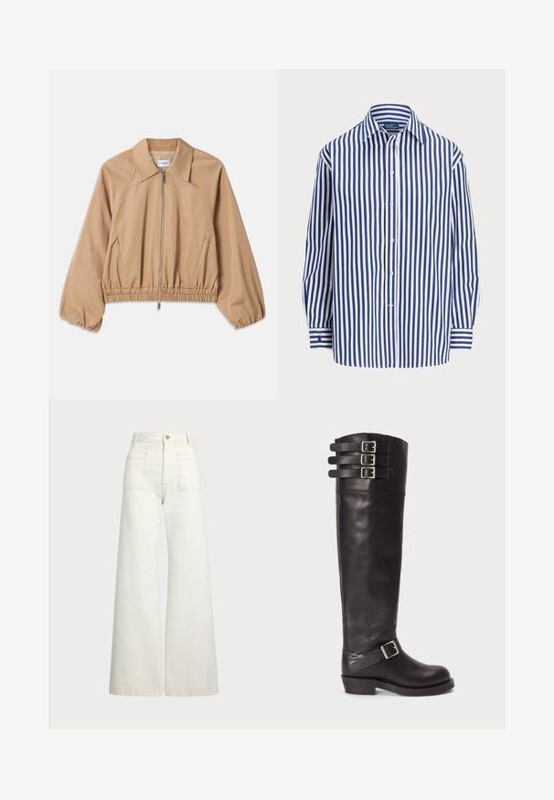 Casaco leve beige com gola, fecho éclair, barra elástica e punhos franzidos. Tecido suave com um design minimalista.; Camisa riscada com linhas verticais em azul-marinho e branco, frente com botões e colarinho clássico. Mangas longas com punhos abotoados.; Jeans de perna larga em denim off-white. Design de cintura alta com fecho de botão, dois bolsos frontais e detalhes de costura em contraste.; Bota de couro preta até ao joelho com bico arredondado, três fivelas de correia na parte superior e um detalhe de fivela lateral. Sola plana e textura suave.