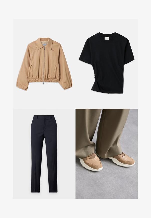 Šviesiai ruda lengva striukė su apykakle, užtrauktuku, elastingu apačiu ir susiraukšlėjusiomis rankogaliais. Lygus audinys su minimalistiniu dizainu.; Juodas marškinėlis, pagamintas iš minkštos medvilnės, su apvalia iškirpte, trumpomis rankovėmis ir šiek tiek sukurtu dizainu, užtikrinančiu laisvą prigludimą.; Jūriniai pritaikyti kelnes su tiesiu kirpimu, turinčios lygų paviršių, dvi priekinės kišenės ir švarus liemuo.; Rudi sportiniai batai, pagaminti iš sklandžios odos ir tinklinės medžiagos, su balta guma padanga ir subtiliomis perforacijomis.