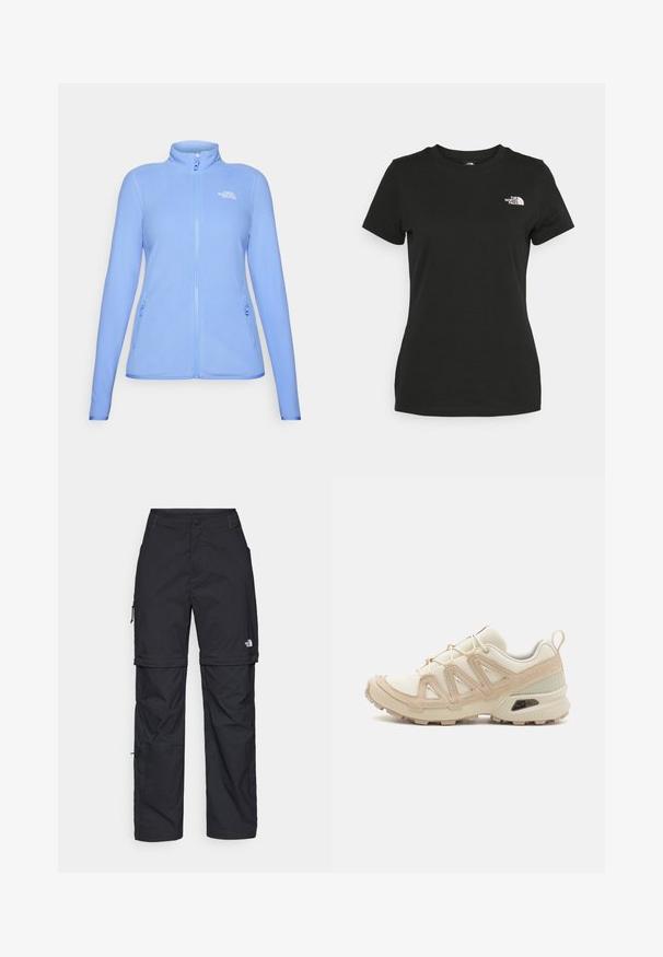 Helesinine fliiskampsun, millel on kõrge krae, täispikk tõmblukk ja kaks küljetaskut tõmblukkudega. Logo on kujutatud rinnal.; Mustvalge puuvillane t-särk, millel on ümber kaeluse lõige ja lühikesed varrukad. Märkimisväärne valge logo vasakul ülal nurgas. Sile tekstuur, mugav lõige.; Mustad nailonist valmistatud eemaldatavad cargo-püksid, reguleeritavate pahkluudega, mitmete taskutega ja paremal jalal logoga. Sile, kerge tekstuur.; Beež ja koobalti spordijalats tekstureeritud võrkkattega, toetavad ülemised kihid ja kummist tallaga, millel on mustriga joonistus haardeks.