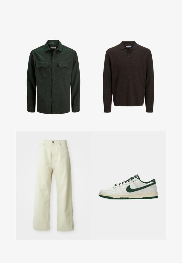 Donkergroen flanellen overhemd met twee borstzakken, knoopsluiting aan de voorkant en een puntkraag. Zachte textuur en lange mouwen, minimale hardware.; Bruine lange mouwen polo-shirt gemaakt van textuurstof. Beschikt over een klassieke kraag en drie knopen aan de voorkant. Casual pasvorm met geribde manchetten.; Lichtgele, wijde broek van denim, met een sluiting met voorknop, vijf zakken en een rechte, onversierde stijl.; Witte lage sneakers met een donkergroene Nike swoosh, veters en accentkleuren op de zool, weergegeven in profiel op een effen witte achtergrond.