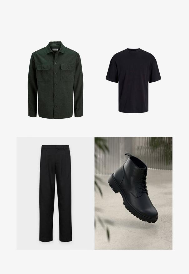 Dark green flannel shirt with two chest pockets, button-up front, and a pointed collar. Soft texture and long sleeves, minimal hardware.; Black cotton t-shirt with a crew neckline, short sleeves, and a relaxed fit. Smooth texture and no visible patterns or accents.; Black trousers made of smooth fabric, featuring a straight-leg design, two front pleats, and standard waistband with belt loops.; Black leather ankle boots with a rounded toe, lace-up design, and rugged rubber sole. Smooth texture with a pull tab at the back.