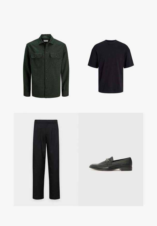 Dunkelgrünes Flanellhemd mit zwei Brusttaschen, knöpfbarem Vorderteil und spitzem Kragen. Weicher Stoff und lange Ärmel, minimales Zubehör.; Schwarzes Baumwoll-T-Shirt mit Rundhalsausschnitt, kurzen Ärmeln und lässiger Passform. Glatte Oberflächenstruktur und keine sichtbaren Muster oder Akzente.; Schwarze Hose aus glattem Stoff, mit geradem Bein Design, zwei vorderen Falten und einem Standardbund mit Gürtelschlaufen.; Schwarzer Lederloafer mit glatter Oberfläche, ausgestattet mit einer gesteppten Gestaltung und einem dekorativen Metallkettendetail über dem Vorderblatt. Flacher Absatz.