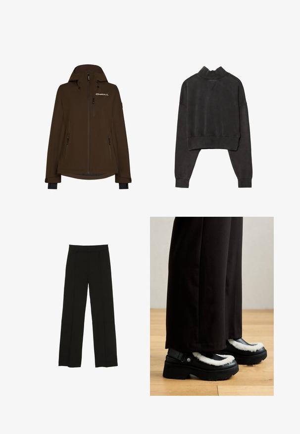 Brązowa wodoodporna kurtka z kapturem, z wieloma kieszeniami na zamek i logo na klatce piersiowej. Gładka tekstura i długie rękawy z mankietami.; Czarna, skrócona bluza z wysokim kołnierzem, długimi rękawami iżeberkowym wykończeniem. Miękka tekstura, minimalna ilość szwów oraz luźny krój.; Czarne spodnie szerokie na nogawkach wykonane z gładkiego materiału, z dopasowanym paskiem w talii i subtelnymi fałdami z przodu, które dodają tekstury.; Czarne buty na platformie z białym futrzanym wykończeniem, zaokrąglonym noskiem i paskiem z metalowym guzikiem. Nosi je osoba w czarnych spodniach na drewnianej podłodze.