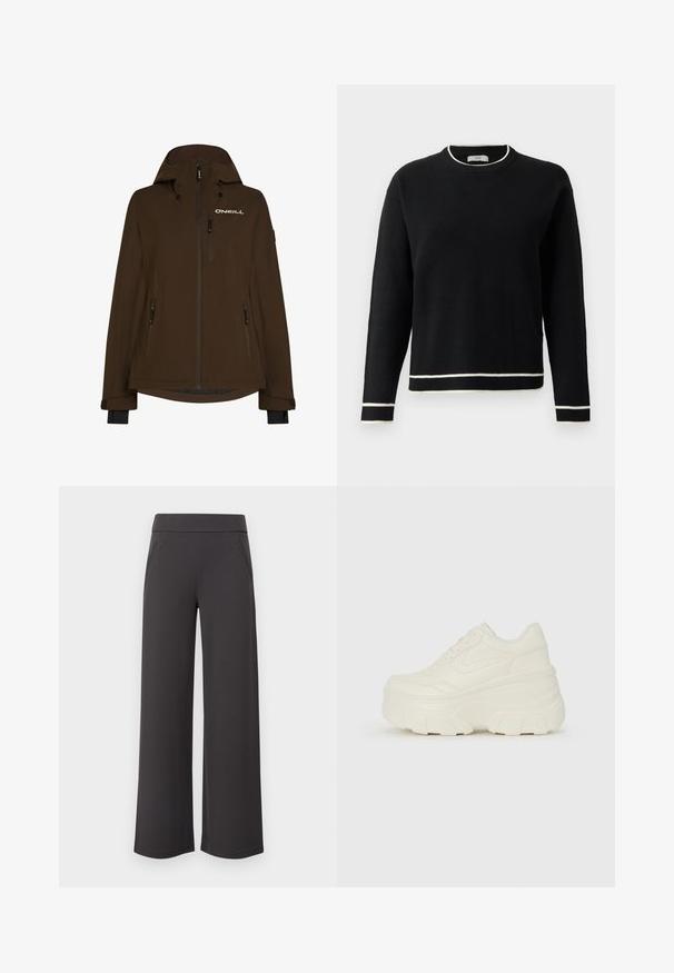 Ruda vandeniui atspari striukė su kapuce, turinti kelis užtrauktukus kišenes ir logotipą ant krūtinės. Lygus paviršius ir ilgos rankovės su uždemiais.; Juodas ilgomis rankovėmis megztinis su apvalia iškirpte, su balta apdaila ant kaklo, rankovių ir apatinės dalies, rodomas prieš paprastą baltą fono.; Platus kojos kelnės tamsiai pilkos spalvos, pasižyminčios lygiu audiniu, elastinga juosta ir dviem priekinių kišenėmis. Lygus priekis.; Baltos platformos sportbačiai su lygiu odos primenančiu paviršiumi, apvalia forma, paminkštintu apykakle ir tekstūruotu guminiu padu su ryškiais protektoriais.