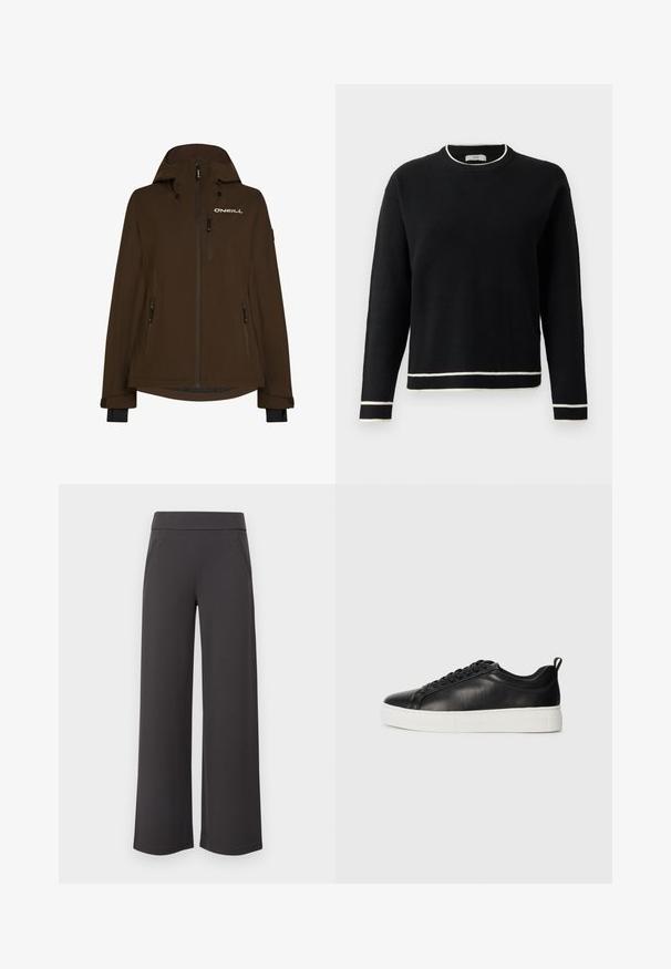 Brown waterproof jacket with a hood, featuring multiple zip pockets and a logo on the chest. Smooth texture and long sleeves with cuffs.; Black long-sleeve crewneck sweater with white trim on collar, cuffs, and hem, displayed against a plain white background.; Wide-leg trousers in dark gray fabric, featuring a smooth texture, elastic waistband, and two front pockets. Flat-front design.; Black low-top leather sneaker with black laces and white thick rubber sole, viewed from the outer side on a white background.