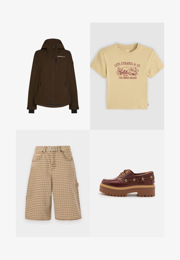 Brown waterproof jacket with a hood, featuring multiple zip pockets and a logo on the chest. Smooth texture and long sleeves with cuffs.; Beige cotton t-shirt with short sleeves featuring a maroon graphic print of a mountain landscape and "Levi Strauss & Co. Two Horse Brand."; BDG Urban Outfitters CHECK NICOLA JORT - Shorts - beige; Brown leather boat shoe with a chunky brown rubber sole, gold eyelets, and contrast stitching. Features a logo on the side.
