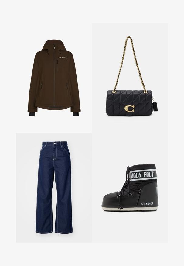 Veste imperméable marron avec capuche, dotée de plusieurs poches zippées et d'un logo sur la poitrine. Texture lisse et manches longues avec poignets.; T-shirt à manches longues et col ras du cou en crème avec des rayures horizontales bordeaux, offrant une coupe décontractée et une texture de tissu douce et lisse.; Jean large en denim bleu foncé, avec une taille haute, des coutures blanches contrastantes et un design traditionnel à cinq poches.; Bottes de lune noires avec un dessus rembourré, maintenues par des lacets et une bande blanche distinctive portant le logo. Semelle en caoutchouc épaisse et texturée.; Sac à main matelassé noir avec une bandoulière en chaîne dorée, présentant un fermoir doré distinctif et une petite étiquette, mettant en valeur une surface en cuir texturé.