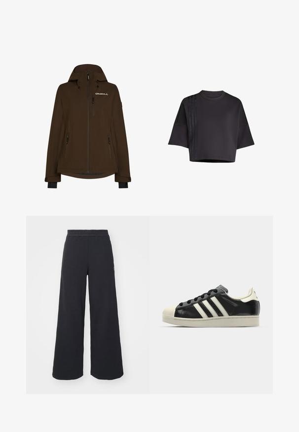 Giacca impermeabile marrone con cappuccio, dotata di numerose tasche con zip e un logo sul petto. Tessuto morbido e maniche lunghe con polsini.; Maglietta nera cropped con collo rotondo, maniche corte e larghe, caratterizzata da strisce verticali in raso sul lato sinistro. Tessuto liscio.; Pantaloni felpati neri a gamba larga realizzati in tessuto morbido, con un elastico in vita e un piccolo logo sul lato sinistro.; Sneaker in pelle nera con strisce bianche, punta in gomma, lacci neri e suola di colore crema. Texture liscia con finitura brillante.