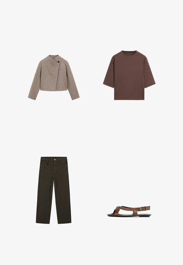 Brown wool blend cropped jacket with a high collar, asymmetric front, single black button closure, and long sleeves. Smooth texture.; Brown cropped t-shirt with a round neckline, short sleeves, and a soft texture. Designed with a relaxed fit and minimal detailing.; Dark green wide-leg jeans made of cotton blend, featuring a front button closure, five pockets, and classic denim stitching.; Brown leather sandal with an open toe and side cutouts. Features an ankle strap with a metal buckle and a flat sole.