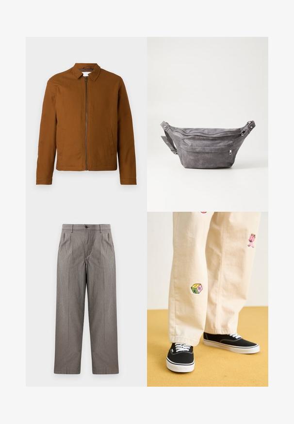 Brun letvægtsjakke med krave, lynlås foran og to sidelommer. Glat tekstur og skræddersyet facon.; Mørkegrøn hoodie lavet af blødt stof, med en kængurulomme, snoretræk og hvid tekstlogo på venstre brystområde.; Bokse i grå houndstooth-tryk med lige ben-design, der har plisseringer, en talje med knaplukning og sidelommer.; Beige bomuldsbukser med legende broderede designs, herunder en lyserød karakter og farvede blokke, parret med sorte snørebåndssneakers.; Grå suedefanny pack med en rund form, to lynlåslommer og justerbart strop. Har metalhardware detaljer.