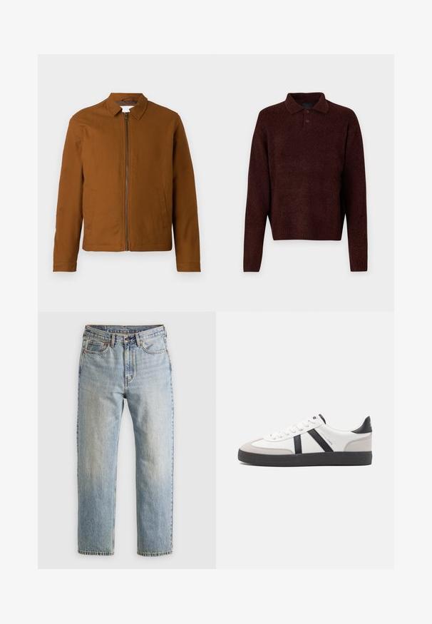 Bruine lichtgewicht jas met een kraag, volledige rits aan de voorkant en twee zijzakken. Gladde textuur en getailleerde vorm.; Bruin gebreid pullover met een polo kraag, drie knopen bij de hals en lange mouwen. Zachte textuur, geribde manchetten en zoom.; Lichtblauwe denim jeans met hoge taille, frontknop, rits en vijfzakkenontwerp, plat gelegd op een neutrale achtergrond.; Witte sneaker met zwarte en grijze accenten, voorzien van een grijze neus met textuur, zwarte rubberen zool en platte witte veters. Schoon ontwerp, minimalistische stijl.